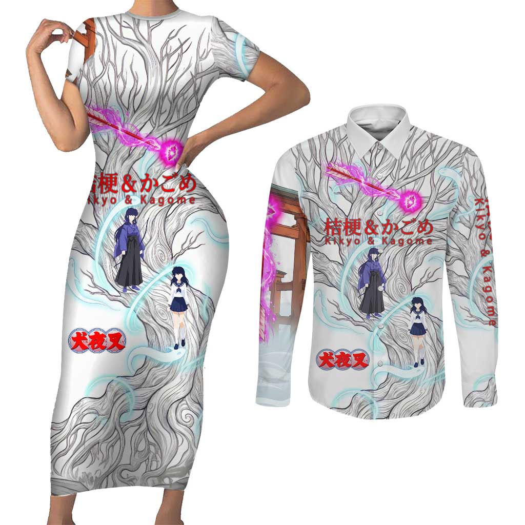Kikyo and Kagome Inuyasha Series Couples Matching Short Sleeve Bodycon Dress and Long Sleeve Button Shirt Spiritual Anime Art Style with Sacred Tree and Torii Gate