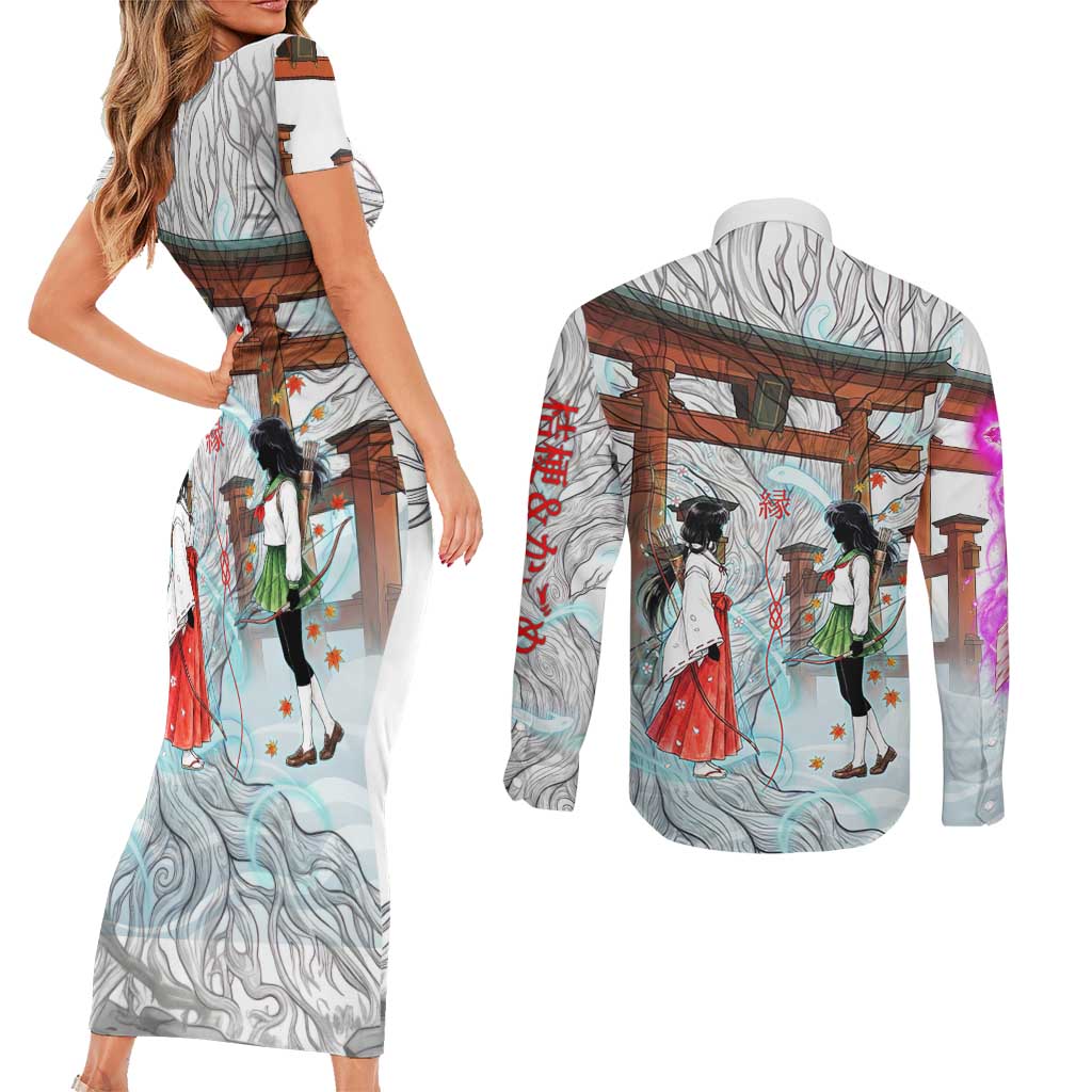 Kikyo and Kagome Inuyasha Series Couples Matching Short Sleeve Bodycon Dress and Long Sleeve Button Shirt Spiritual Anime Art Style with Sacred Tree and Torii Gate