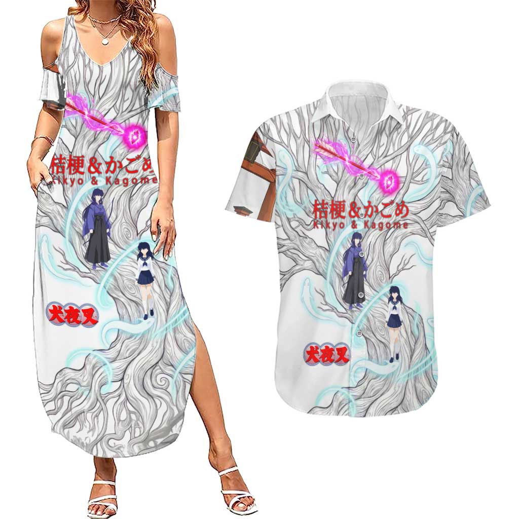Kikyo and Kagome Inuyasha Series Couples Matching Summer Maxi Dress and Hawaiian Shirt Spiritual Anime Art Style with Sacred Tree and Torii Gate