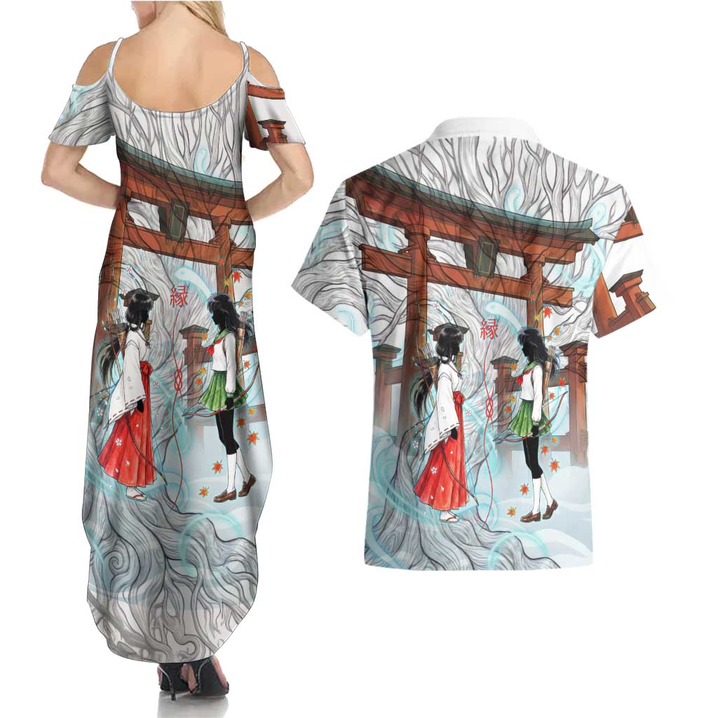 Kikyo and Kagome Inuyasha Series Couples Matching Summer Maxi Dress and Hawaiian Shirt Spiritual Anime Art Style with Sacred Tree and Torii Gate