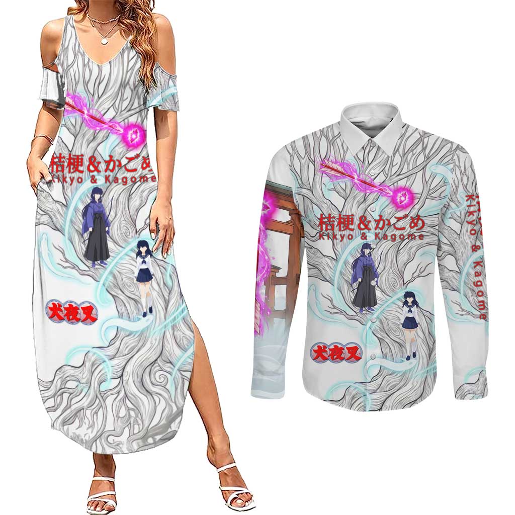 Kikyo and Kagome Inuyasha Series Couples Matching Summer Maxi Dress and Long Sleeve Button Shirt Spiritual Anime Art Style with Sacred Tree and Torii Gate