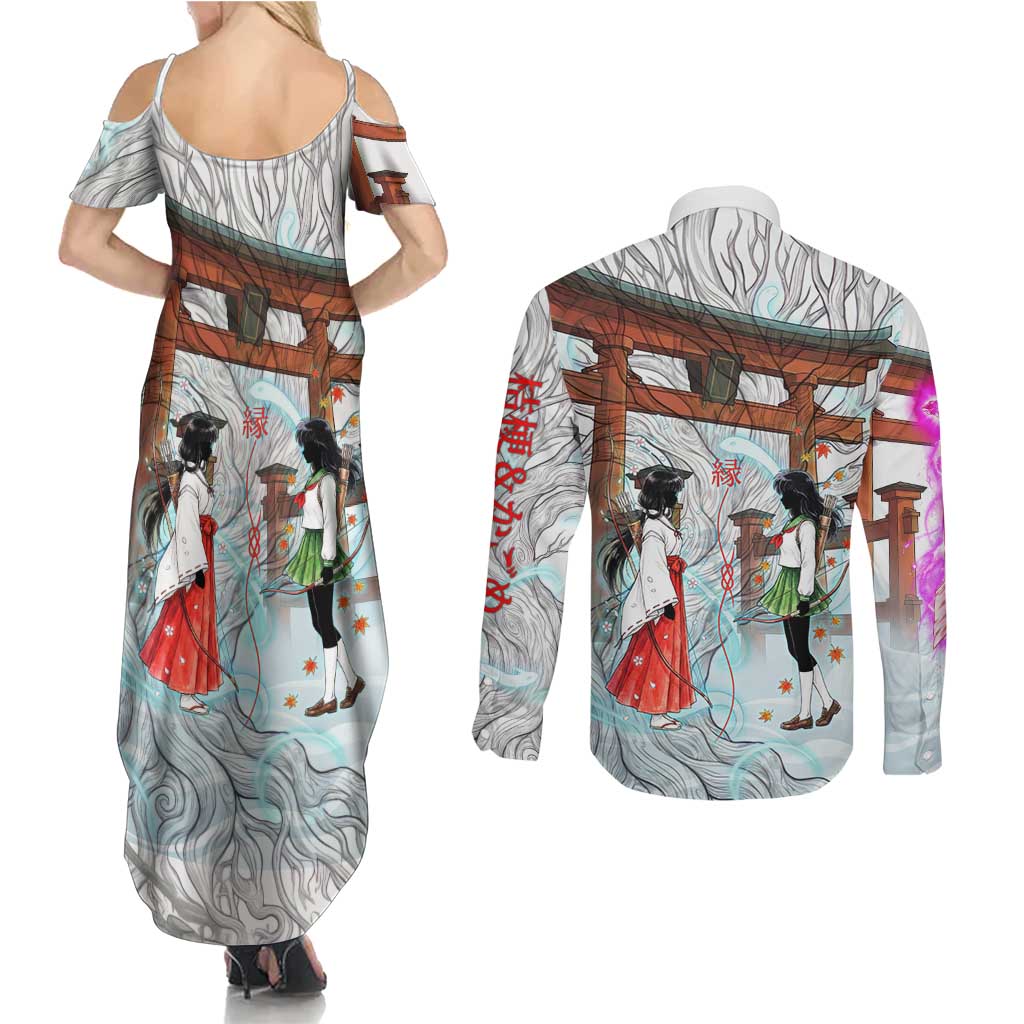 Kikyo and Kagome Inuyasha Series Couples Matching Summer Maxi Dress and Long Sleeve Button Shirt Spiritual Anime Art Style with Sacred Tree and Torii Gate