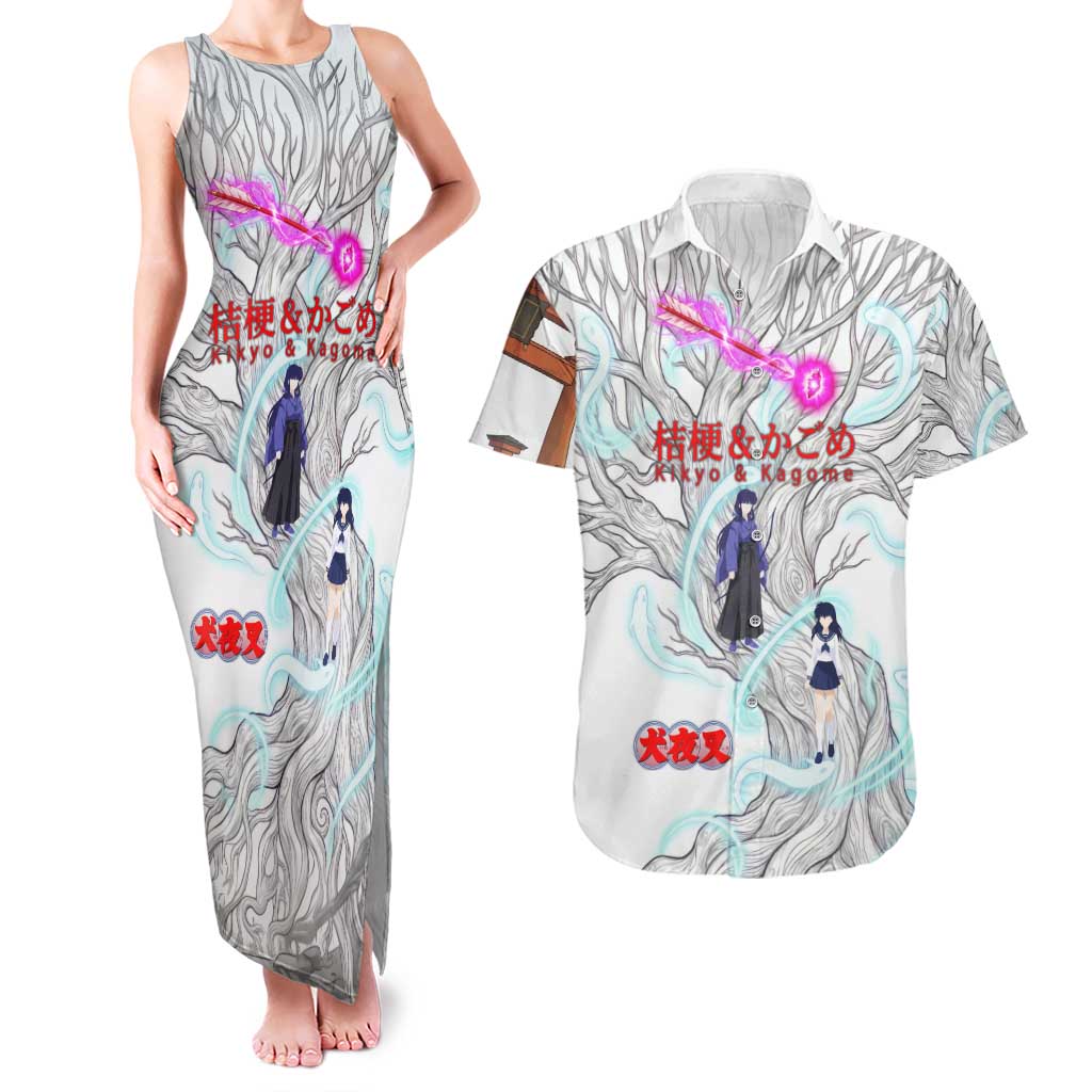 Kikyo and Kagome Inuyasha Series Couples Matching Tank Maxi Dress and Hawaiian Shirt Spiritual Anime Art Style with Sacred Tree and Torii Gate
