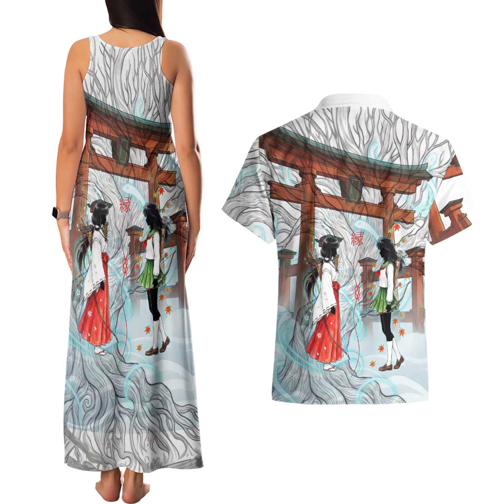 Kikyo and Kagome Inuyasha Series Couples Matching Tank Maxi Dress and Hawaiian Shirt Spiritual Anime Art Style with Sacred Tree and Torii Gate