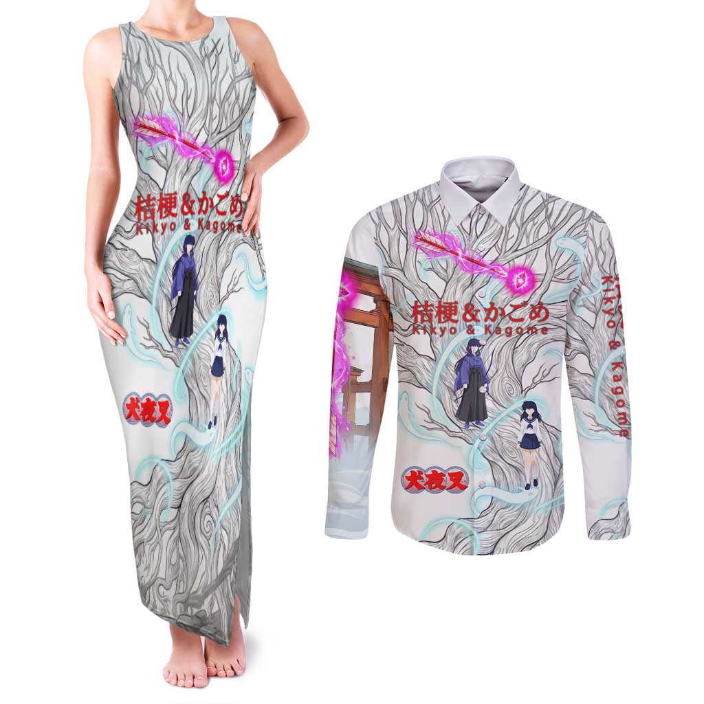 Kikyo and Kagome Inuyasha Series Couples Matching Tank Maxi Dress and Long Sleeve Button Shirt Spiritual Anime Art Style with Sacred Tree and Torii Gate