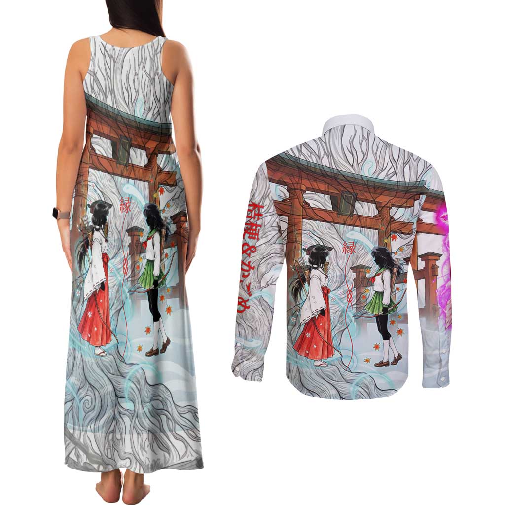 Kikyo and Kagome Inuyasha Series Couples Matching Tank Maxi Dress and Long Sleeve Button Shirt Spiritual Anime Art Style with Sacred Tree and Torii Gate