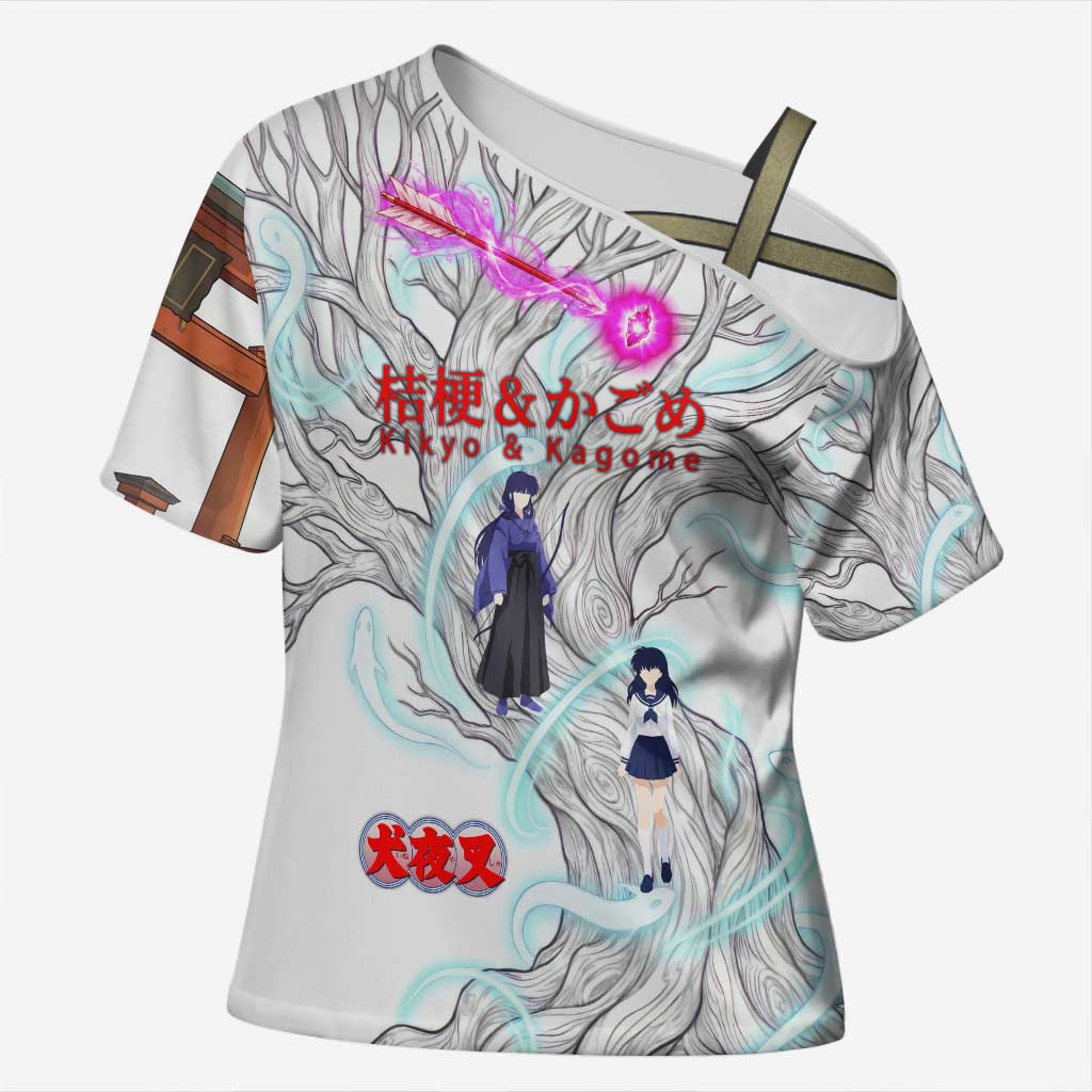 Kikyo and Kagome Inuyasha Series Cross Shoulder Shirt Spiritual Anime Art Style with Sacred Tree and Torii Gate