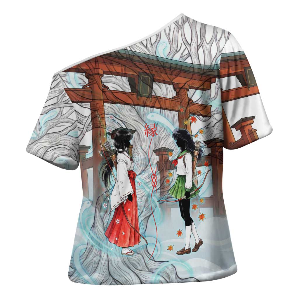 Kikyo and Kagome Inuyasha Series Cross Shoulder Shirt Spiritual Anime Art Style with Sacred Tree and Torii Gate