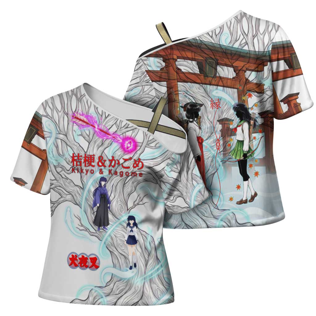 Kikyo and Kagome Inuyasha Series Cross Shoulder Shirt Spiritual Anime Art Style with Sacred Tree and Torii Gate