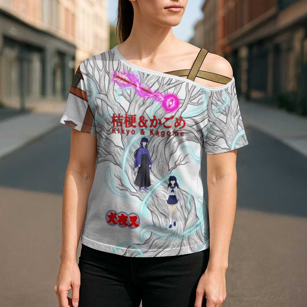 Kikyo and Kagome Inuyasha Series Cross Shoulder Shirt Spiritual Anime Art Style with Sacred Tree and Torii Gate