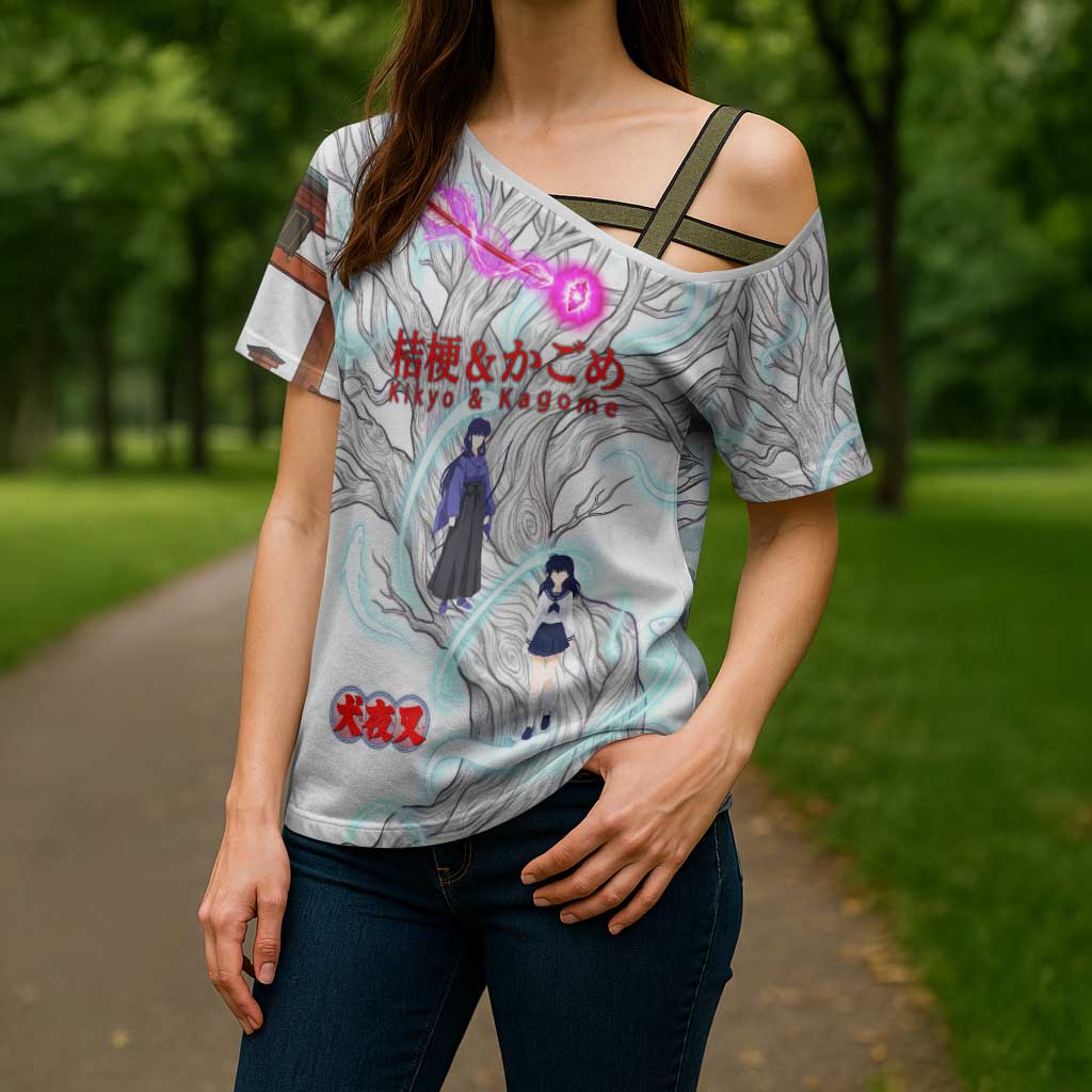 Kikyo and Kagome Inuyasha Series Cross Shoulder Shirt Spiritual Anime Art Style with Sacred Tree and Torii Gate