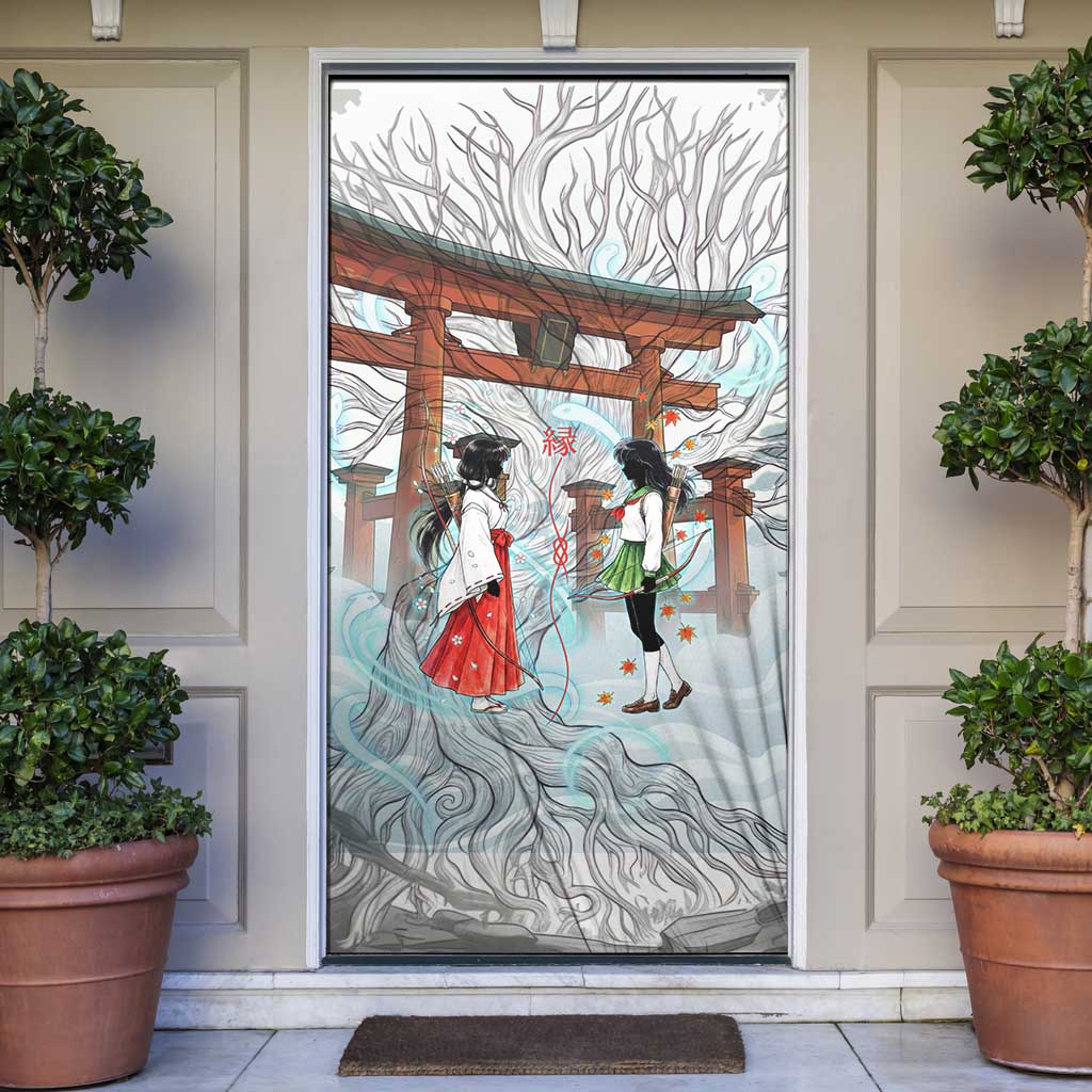 Kikyo and Kagome Inuyasha Series Door Cover Spiritual Anime Art Style with Sacred Tree and Torii Gate
