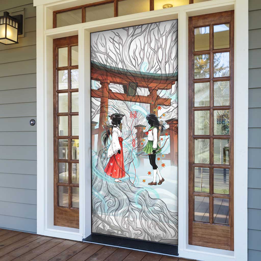 Kikyo and Kagome Inuyasha Series Door Cover Spiritual Anime Art Style with Sacred Tree and Torii Gate