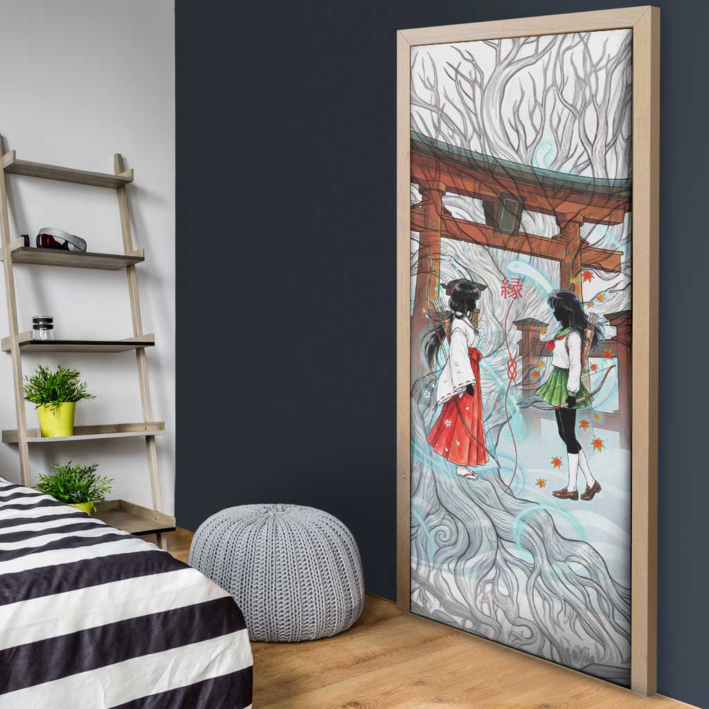 Kikyo and Kagome Inuyasha Series Door Cover Spiritual Anime Art Style with Sacred Tree and Torii Gate