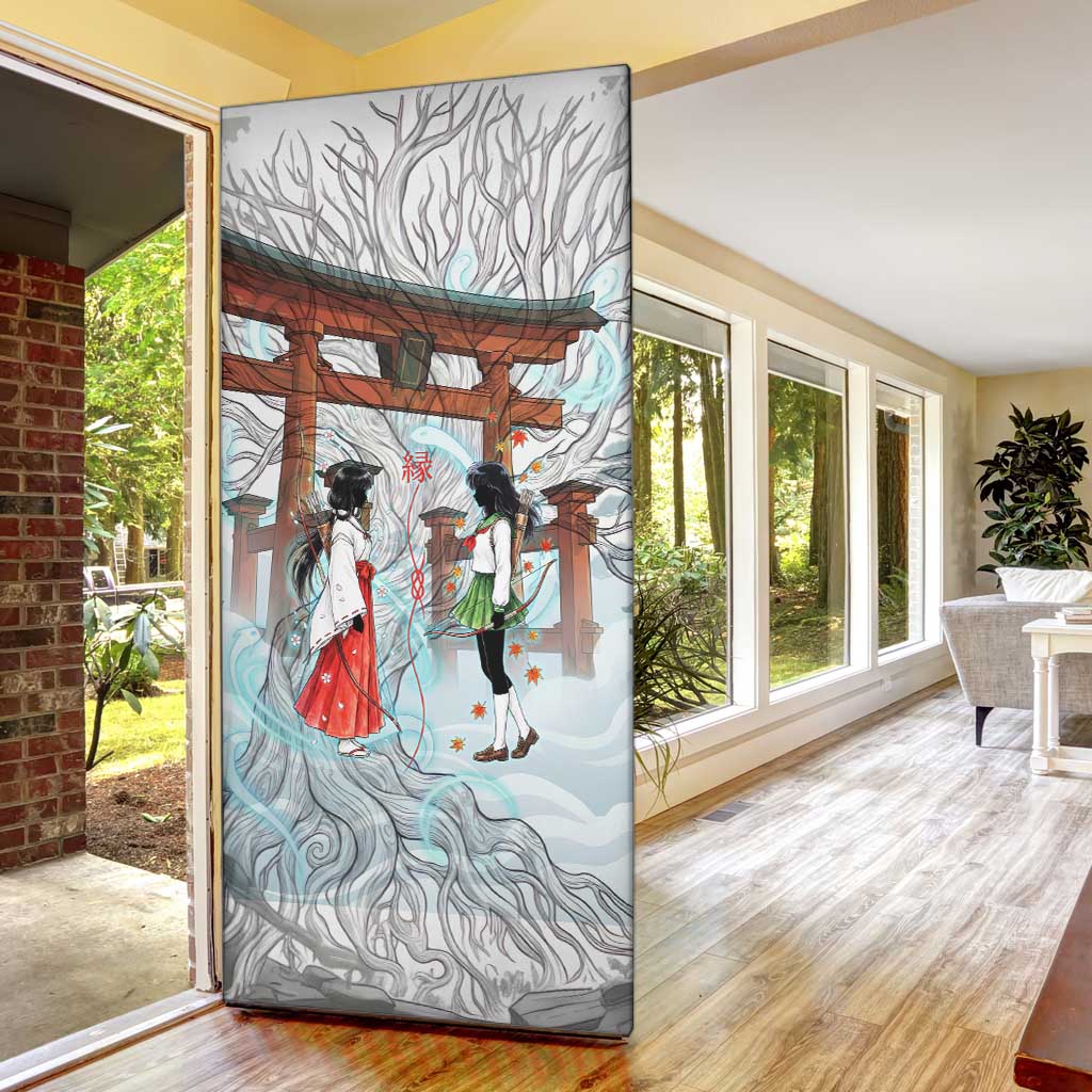Kikyo and Kagome Inuyasha Series Door Cover Spiritual Anime Art Style with Sacred Tree and Torii Gate