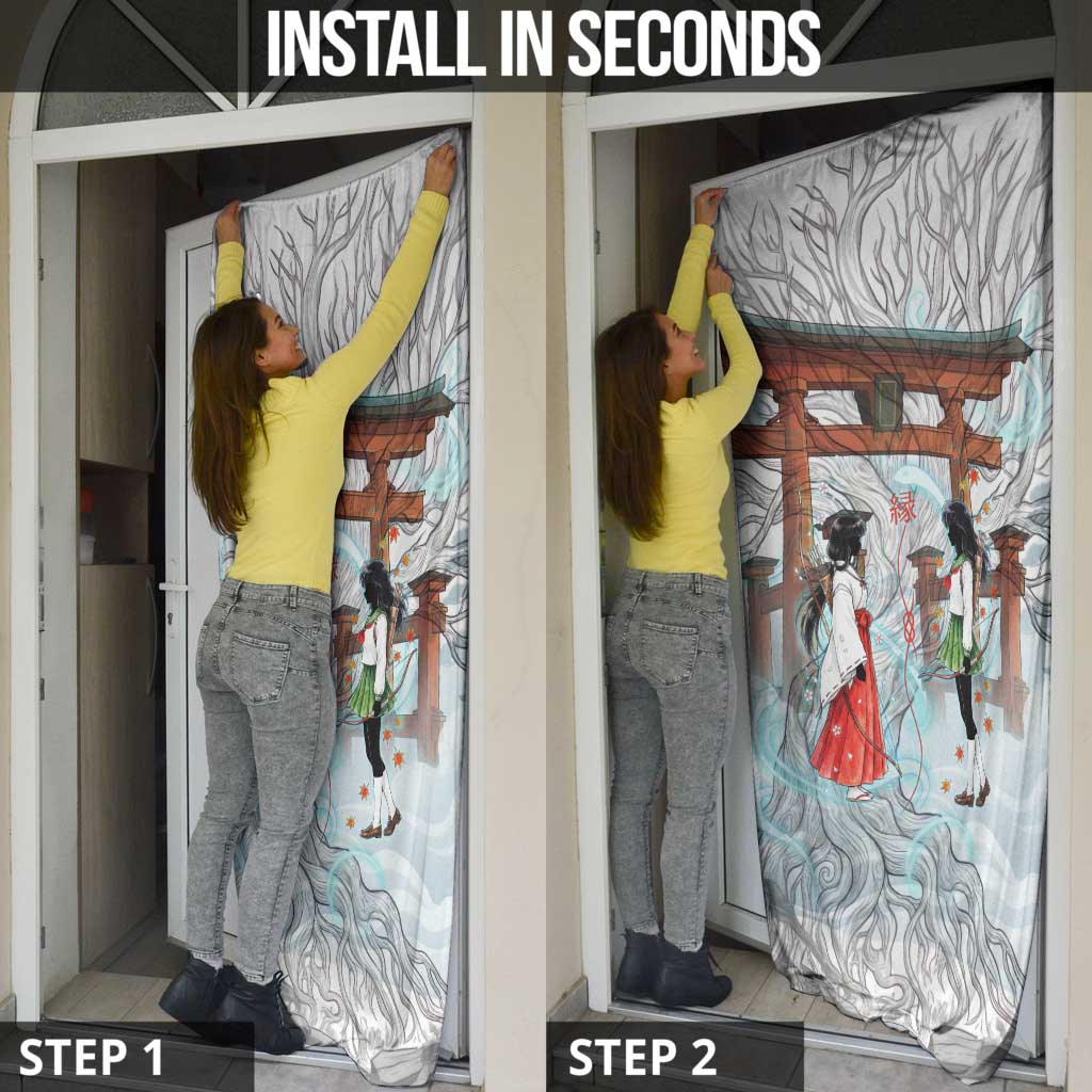 Kikyo and Kagome Inuyasha Series Door Cover Spiritual Anime Art Style with Sacred Tree and Torii Gate