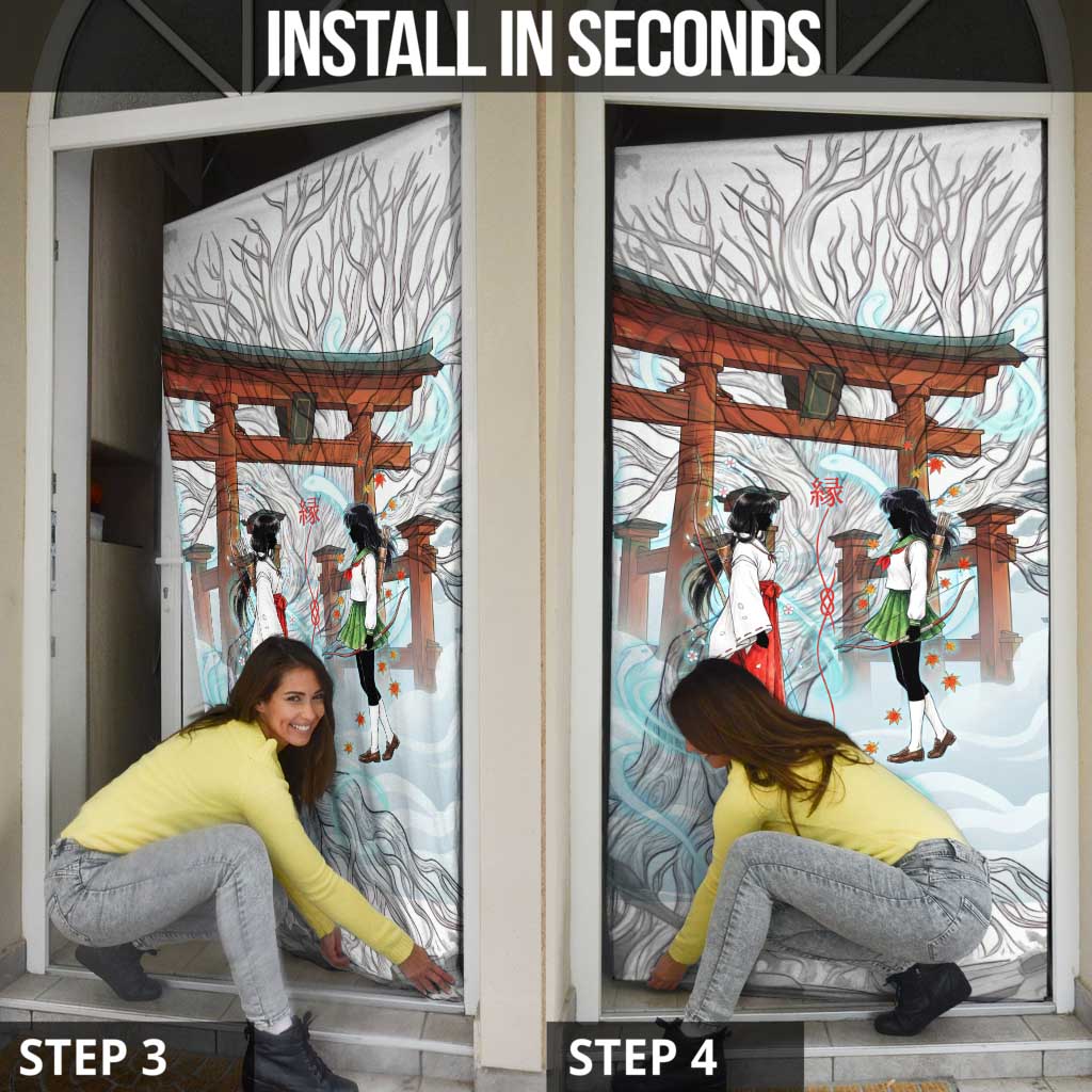 Kikyo and Kagome Inuyasha Series Door Cover Spiritual Anime Art Style with Sacred Tree and Torii Gate