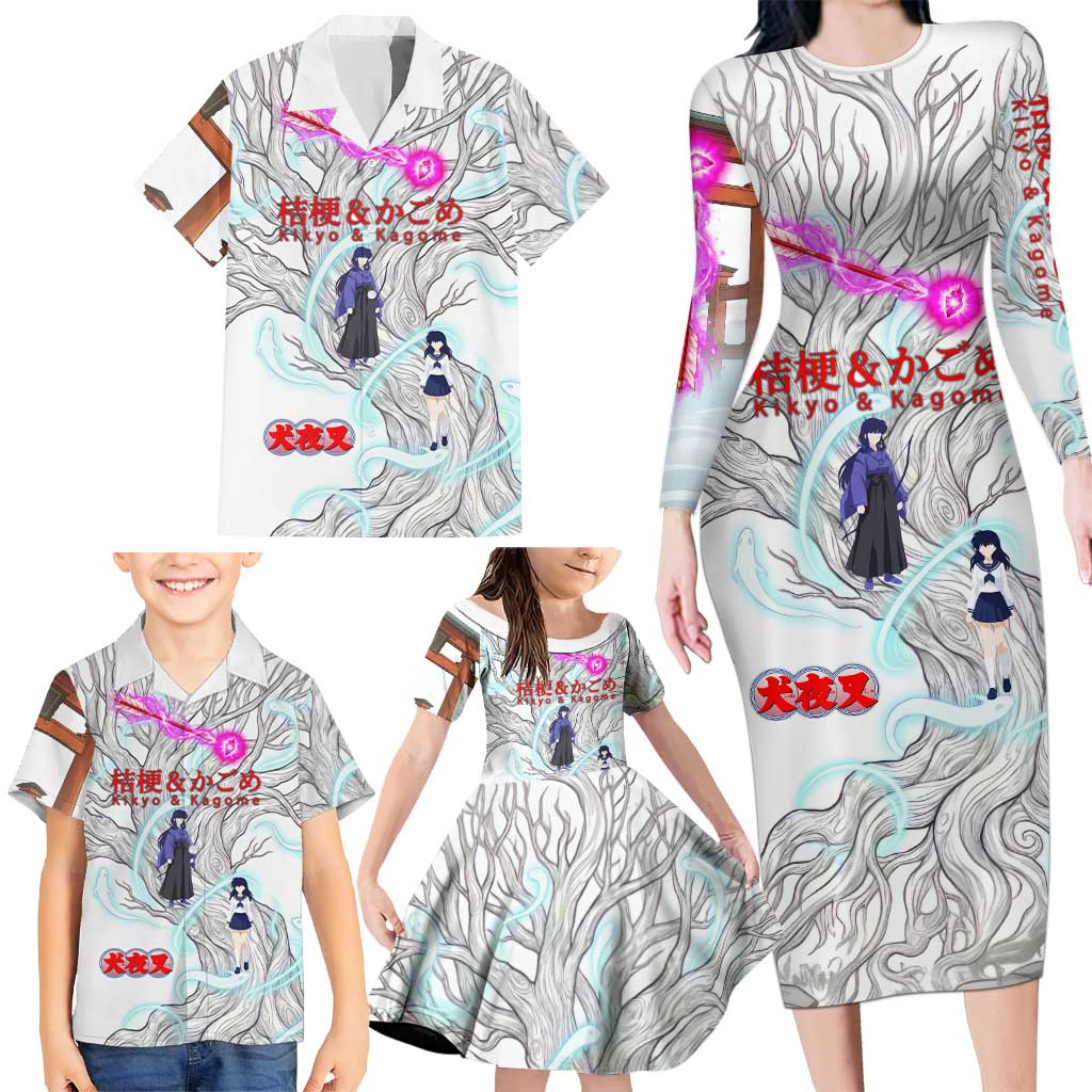 Kikyo and Kagome Inuyasha Series Family Matching Long Sleeve Bodycon Dress and Hawaiian Shirt Spiritual Anime Art Style with Sacred Tree and Torii Gate