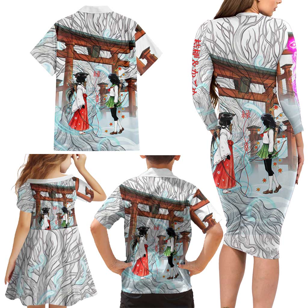 Kikyo and Kagome Inuyasha Series Family Matching Long Sleeve Bodycon Dress and Hawaiian Shirt Spiritual Anime Art Style with Sacred Tree and Torii Gate