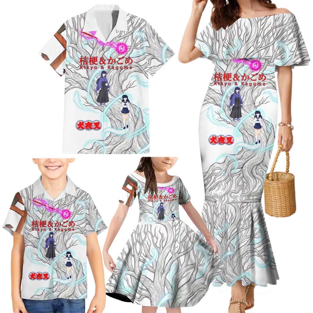 Kikyo and Kagome Inuyasha Series Family Matching Mermaid Dress and Hawaiian Shirt Spiritual Anime Art Style with Sacred Tree and Torii Gate