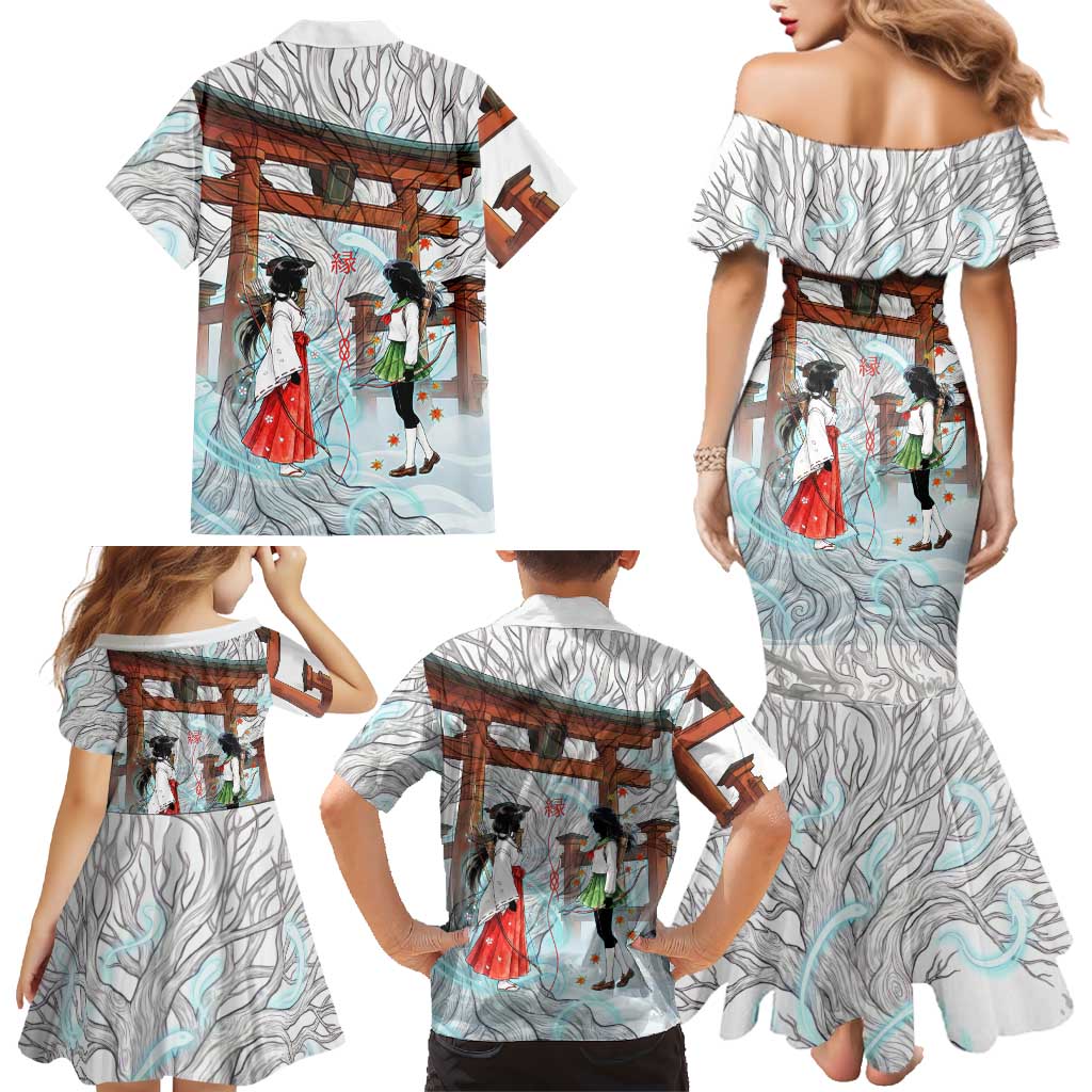 Kikyo and Kagome Inuyasha Series Family Matching Mermaid Dress and Hawaiian Shirt Spiritual Anime Art Style with Sacred Tree and Torii Gate