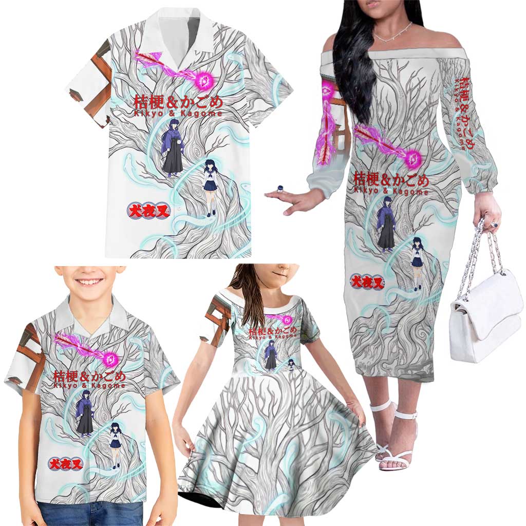 Kikyo and Kagome Inuyasha Series Family Matching Off The Shoulder Long Sleeve Dress and Hawaiian Shirt Spiritual Anime Art Style with Sacred Tree and Torii Gate