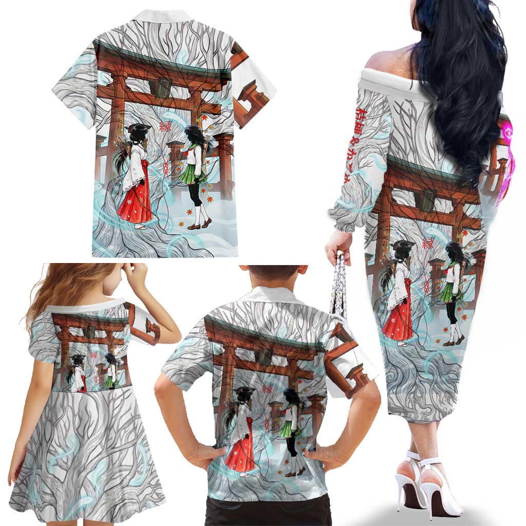 Kikyo and Kagome Inuyasha Series Family Matching Off The Shoulder Long Sleeve Dress and Hawaiian Shirt Spiritual Anime Art Style with Sacred Tree and Torii Gate