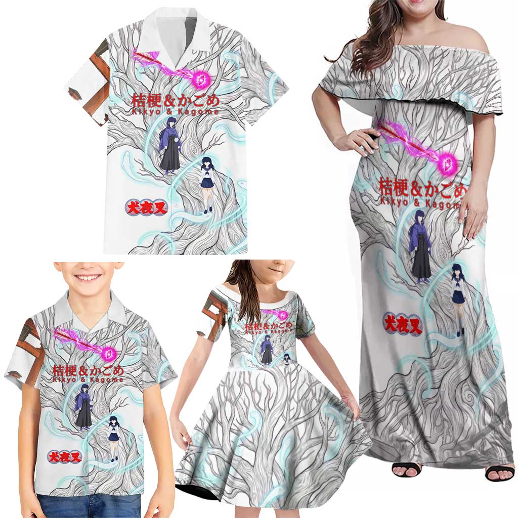 Kikyo and Kagome Inuyasha Series Family Matching Off Shoulder Maxi Dress and Hawaiian Shirt Spiritual Anime Art Style with Sacred Tree and Torii Gate