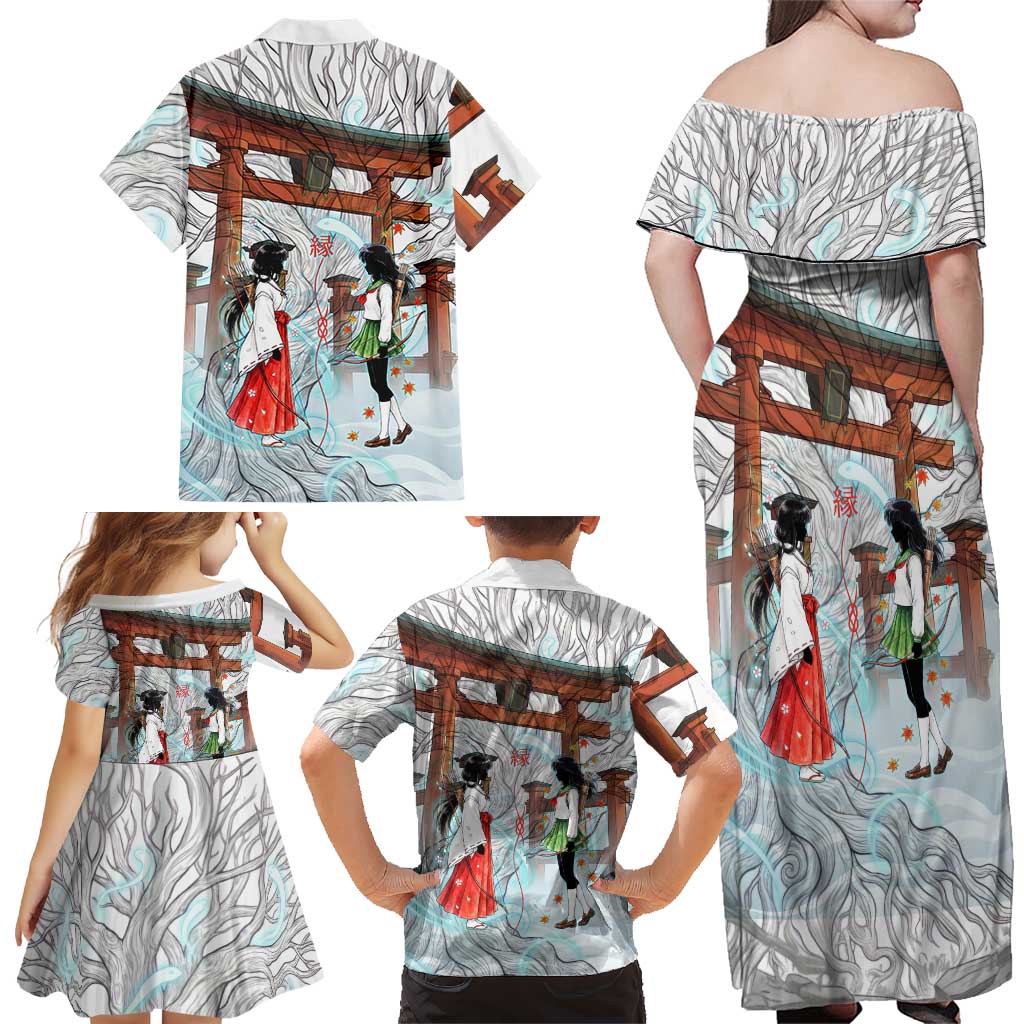 Kikyo and Kagome Inuyasha Series Family Matching Off Shoulder Maxi Dress and Hawaiian Shirt Spiritual Anime Art Style with Sacred Tree and Torii Gate