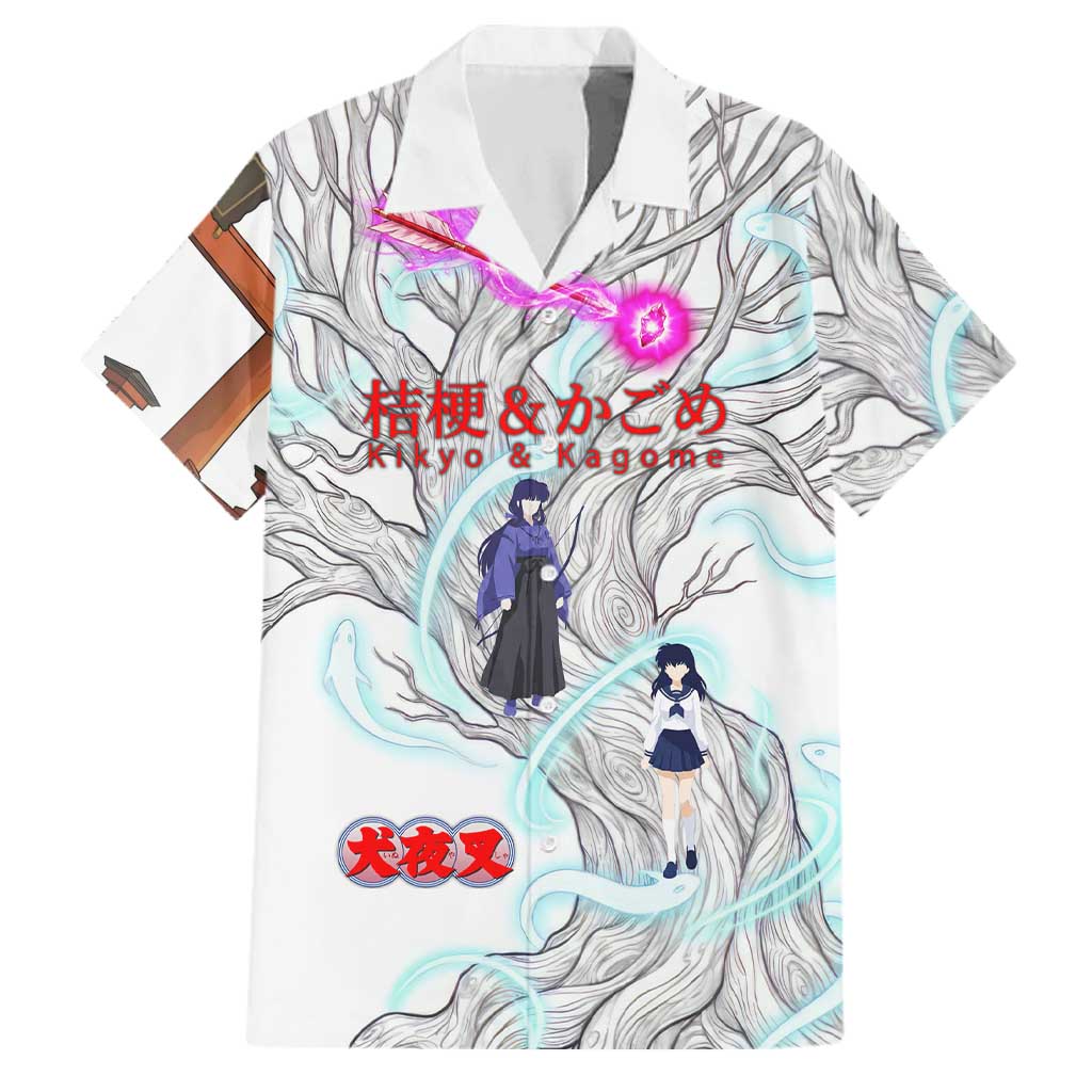 Kikyo and Kagome Inuyasha Series Family Matching Off Shoulder Maxi Dress and Hawaiian Shirt Spiritual Anime Art Style with Sacred Tree and Torii Gate