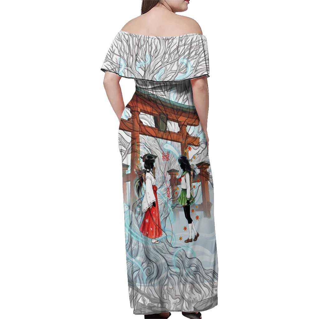 Kikyo and Kagome Inuyasha Series Family Matching Off Shoulder Maxi Dress and Hawaiian Shirt Spiritual Anime Art Style with Sacred Tree and Torii Gate
