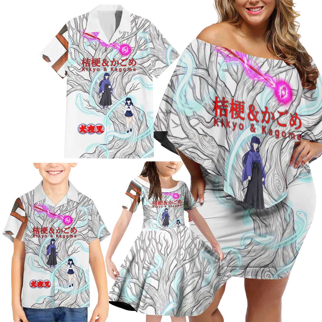 Kikyo and Kagome Inuyasha Series Family Matching Off Shoulder Short Dress and Hawaiian Shirt Spiritual Anime Art Style with Sacred Tree and Torii Gate
