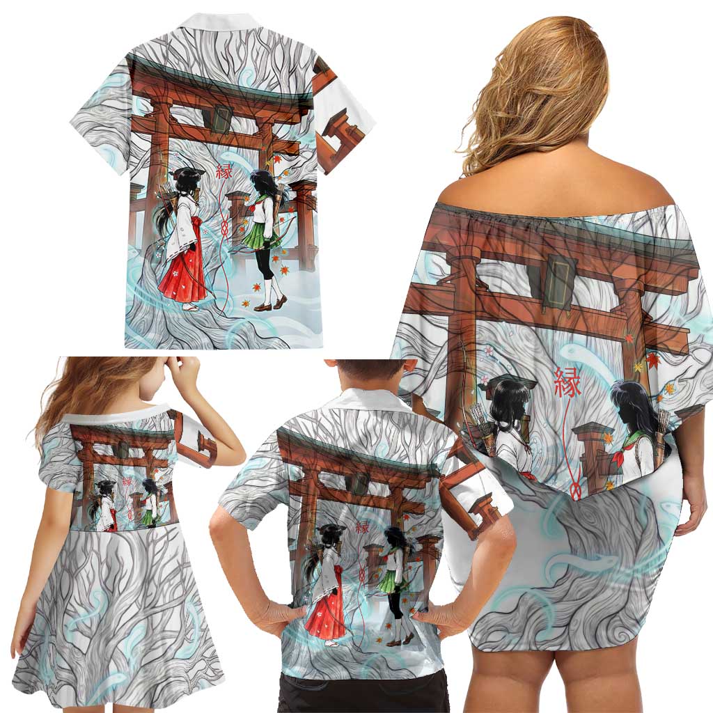 Kikyo and Kagome Inuyasha Series Family Matching Off Shoulder Short Dress and Hawaiian Shirt Spiritual Anime Art Style with Sacred Tree and Torii Gate