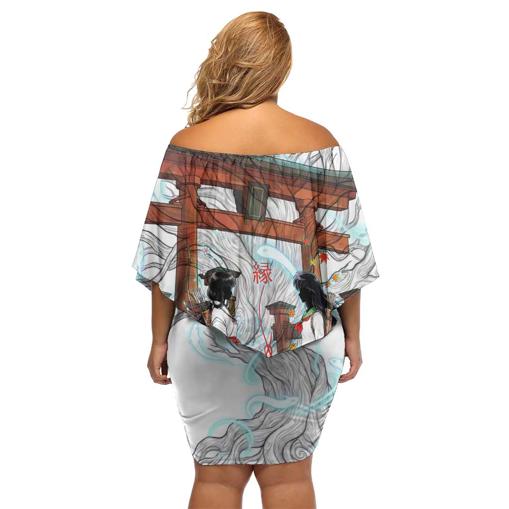 Kikyo and Kagome Inuyasha Series Family Matching Off Shoulder Short Dress and Hawaiian Shirt Spiritual Anime Art Style with Sacred Tree and Torii Gate