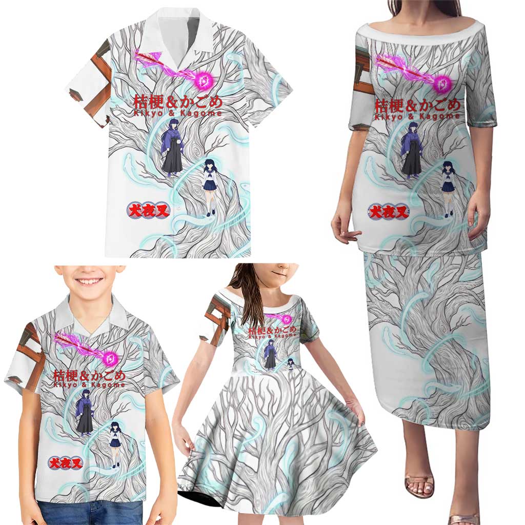 Kikyo and Kagome Inuyasha Series Family Matching Puletasi and Hawaiian Shirt Spiritual Anime Art Style with Sacred Tree and Torii Gate