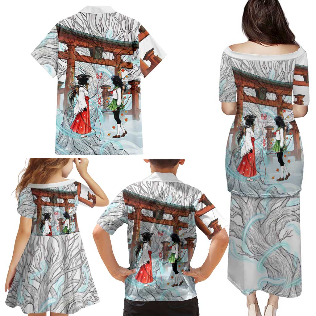 Kikyo and Kagome Inuyasha Series Family Matching Puletasi and Hawaiian Shirt Spiritual Anime Art Style with Sacred Tree and Torii Gate