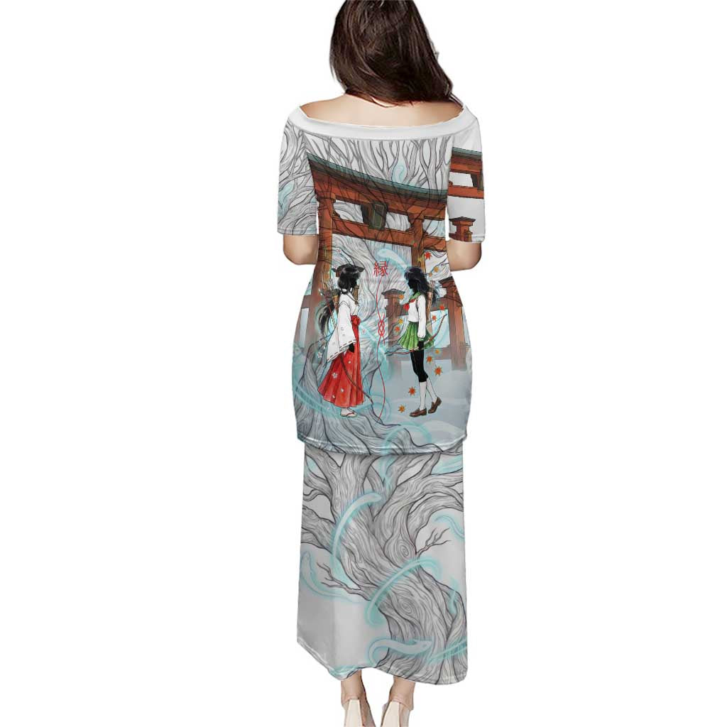 Kikyo and Kagome Inuyasha Series Family Matching Puletasi and Hawaiian Shirt Spiritual Anime Art Style with Sacred Tree and Torii Gate