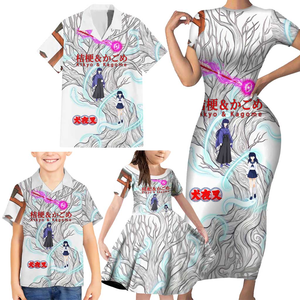 Kikyo and Kagome Inuyasha Series Family Matching Short Sleeve Bodycon Dress and Hawaiian Shirt Spiritual Anime Art Style with Sacred Tree and Torii Gate