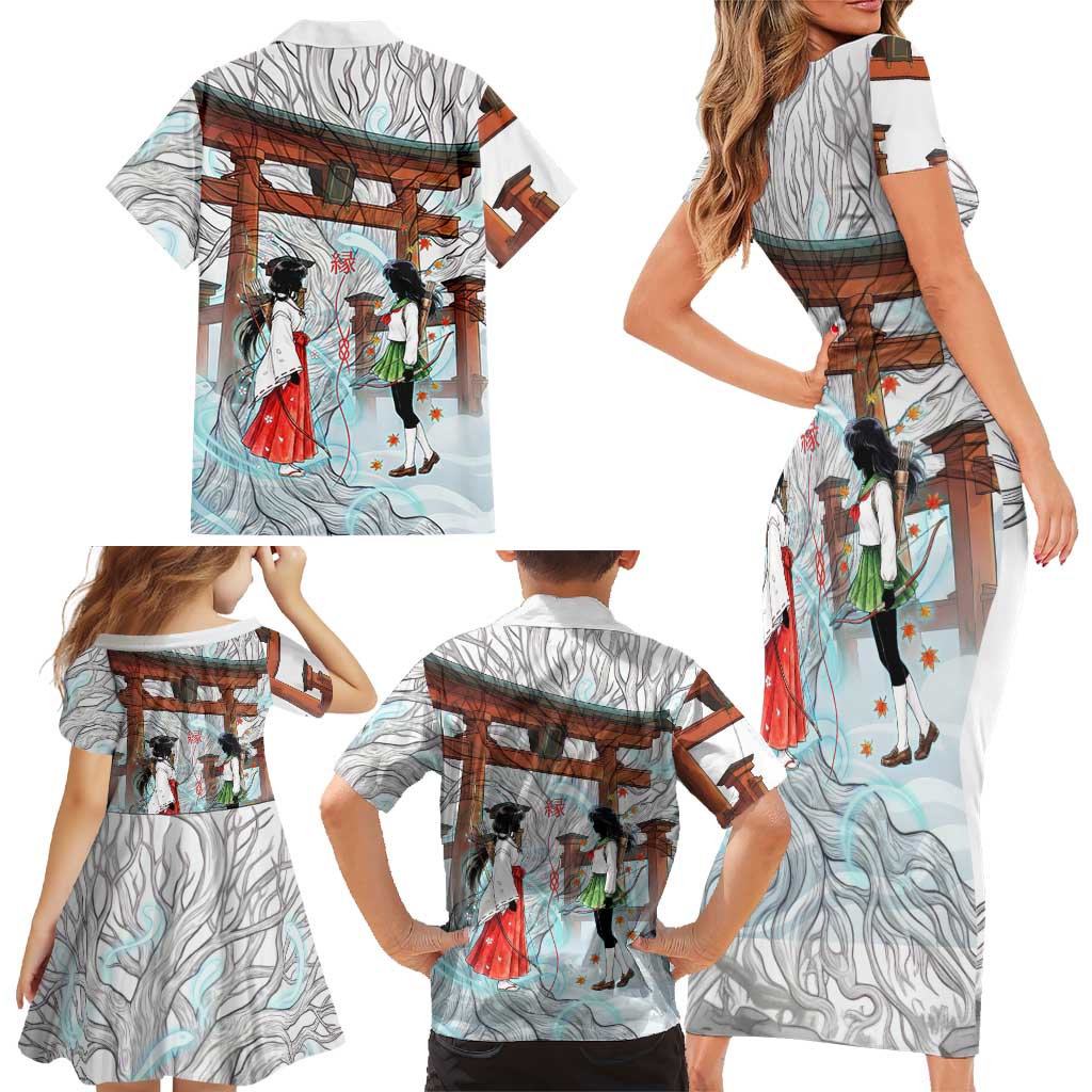 Kikyo and Kagome Inuyasha Series Family Matching Short Sleeve Bodycon Dress and Hawaiian Shirt Spiritual Anime Art Style with Sacred Tree and Torii Gate