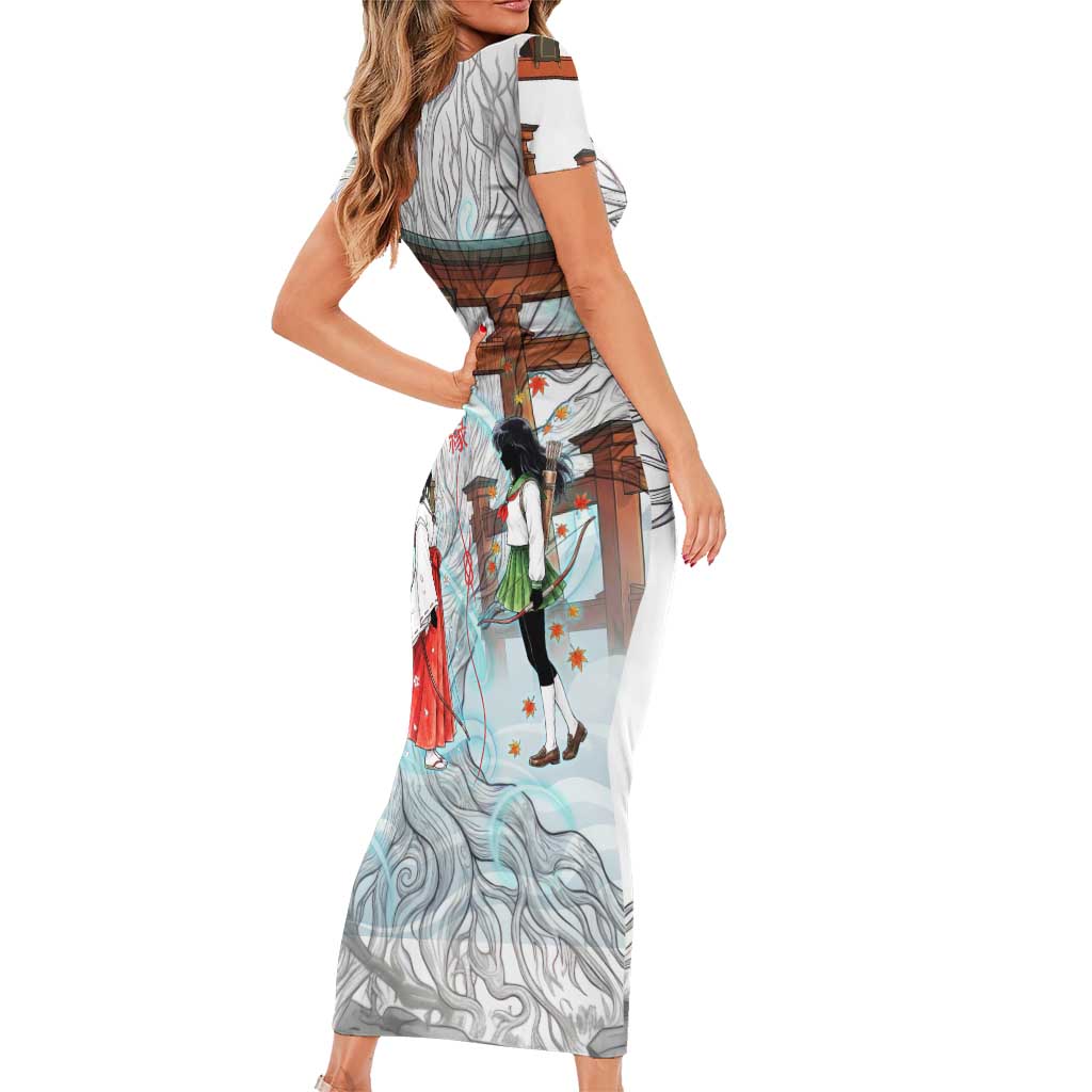 Kikyo and Kagome Inuyasha Series Family Matching Short Sleeve Bodycon Dress and Hawaiian Shirt Spiritual Anime Art Style with Sacred Tree and Torii Gate
