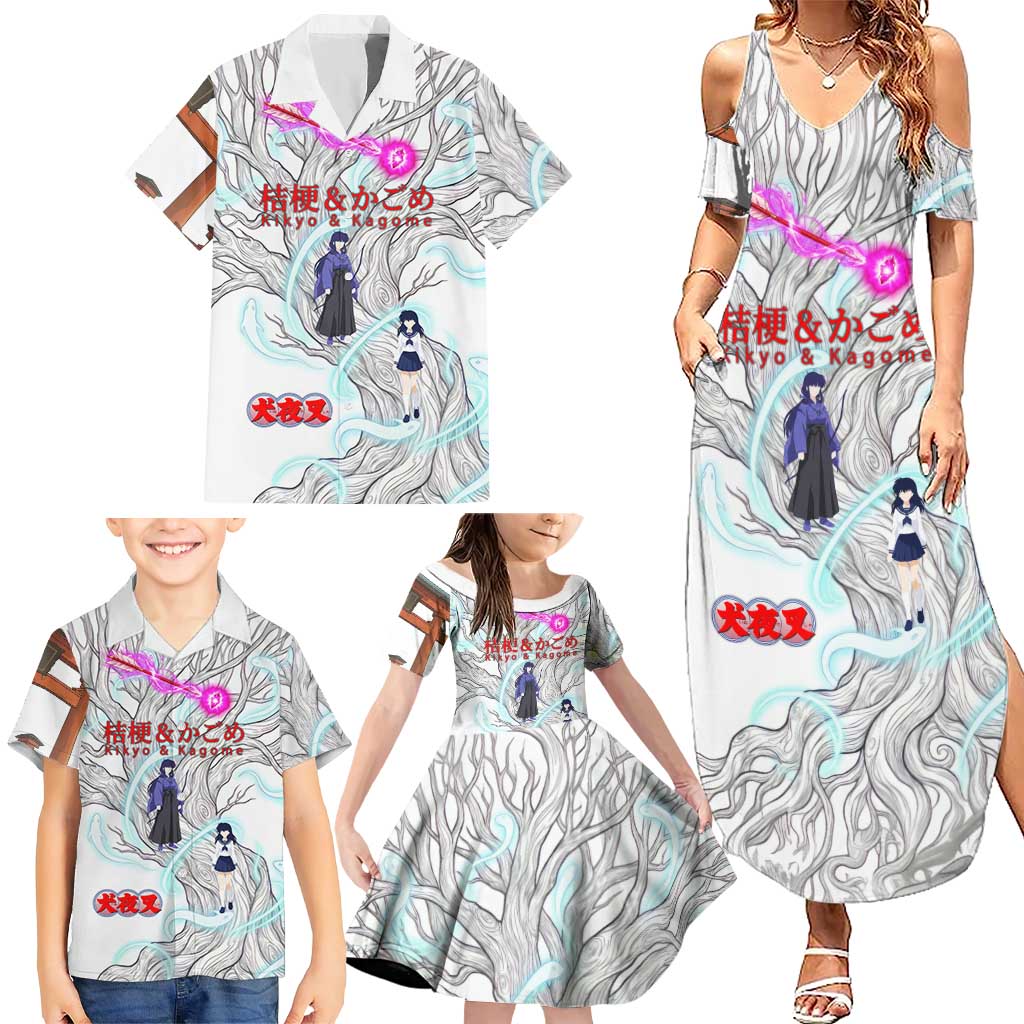 Kikyo and Kagome Inuyasha Series Family Matching Summer Maxi Dress and Hawaiian Shirt Spiritual Anime Art Style with Sacred Tree and Torii Gate