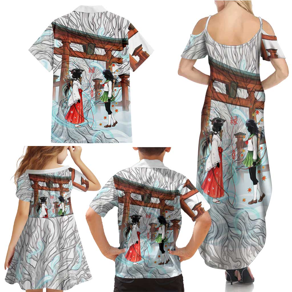 Kikyo and Kagome Inuyasha Series Family Matching Summer Maxi Dress and Hawaiian Shirt Spiritual Anime Art Style with Sacred Tree and Torii Gate