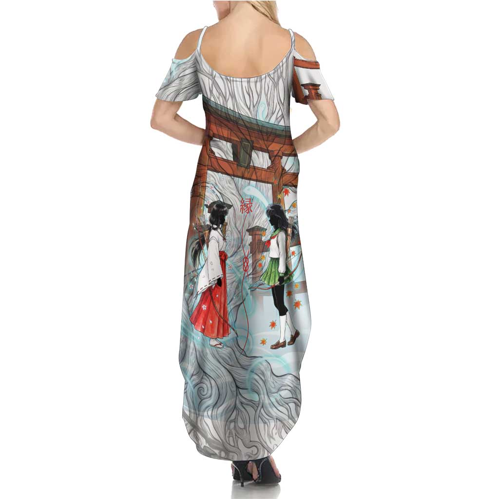 Kikyo and Kagome Inuyasha Series Family Matching Summer Maxi Dress and Hawaiian Shirt Spiritual Anime Art Style with Sacred Tree and Torii Gate