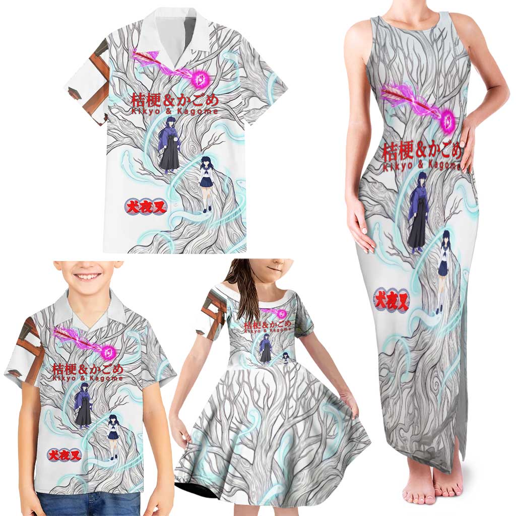 Kikyo and Kagome Inuyasha Series Family Matching Tank Maxi Dress and Hawaiian Shirt Spiritual Anime Art Style with Sacred Tree and Torii Gate
