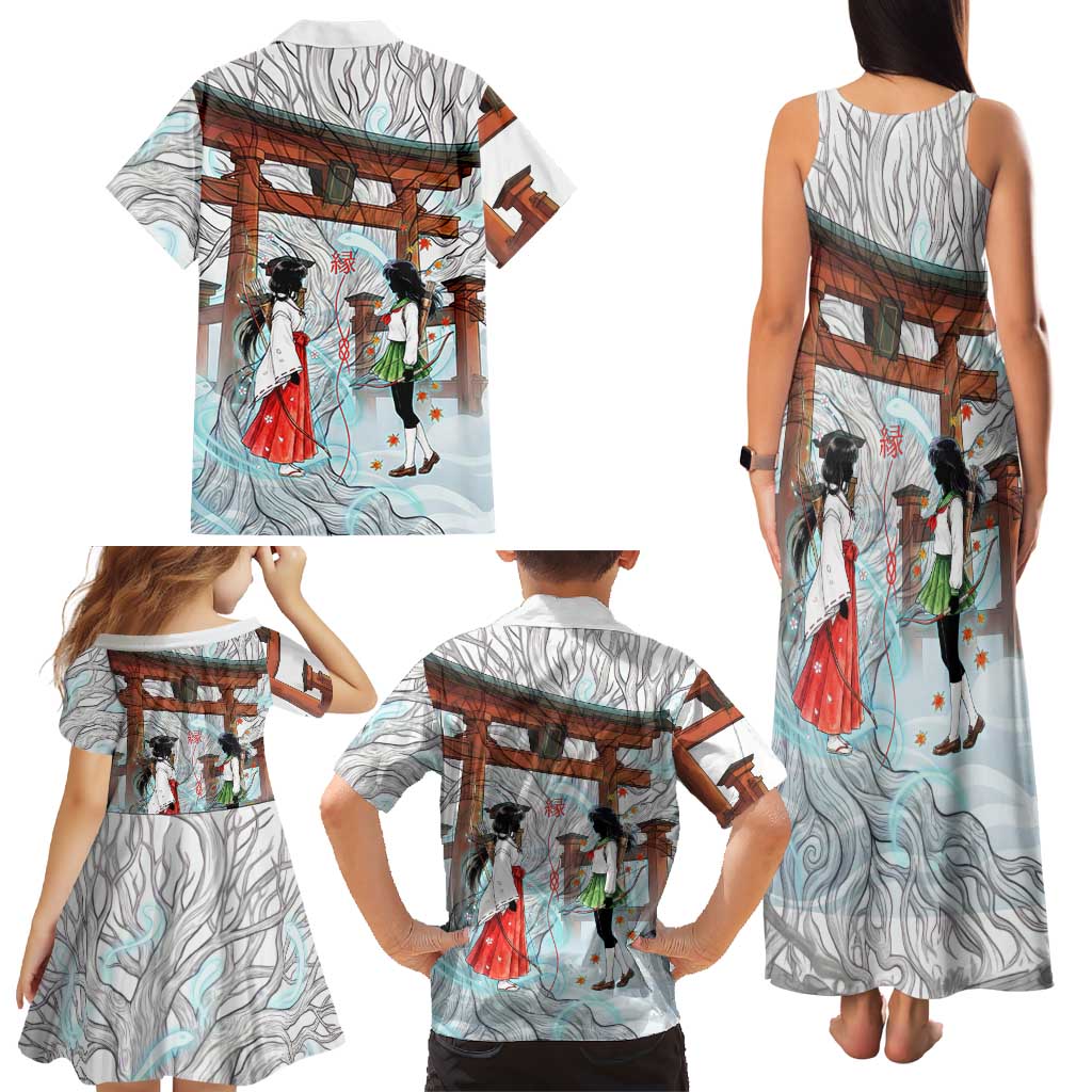 Kikyo and Kagome Inuyasha Series Family Matching Tank Maxi Dress and Hawaiian Shirt Spiritual Anime Art Style with Sacred Tree and Torii Gate