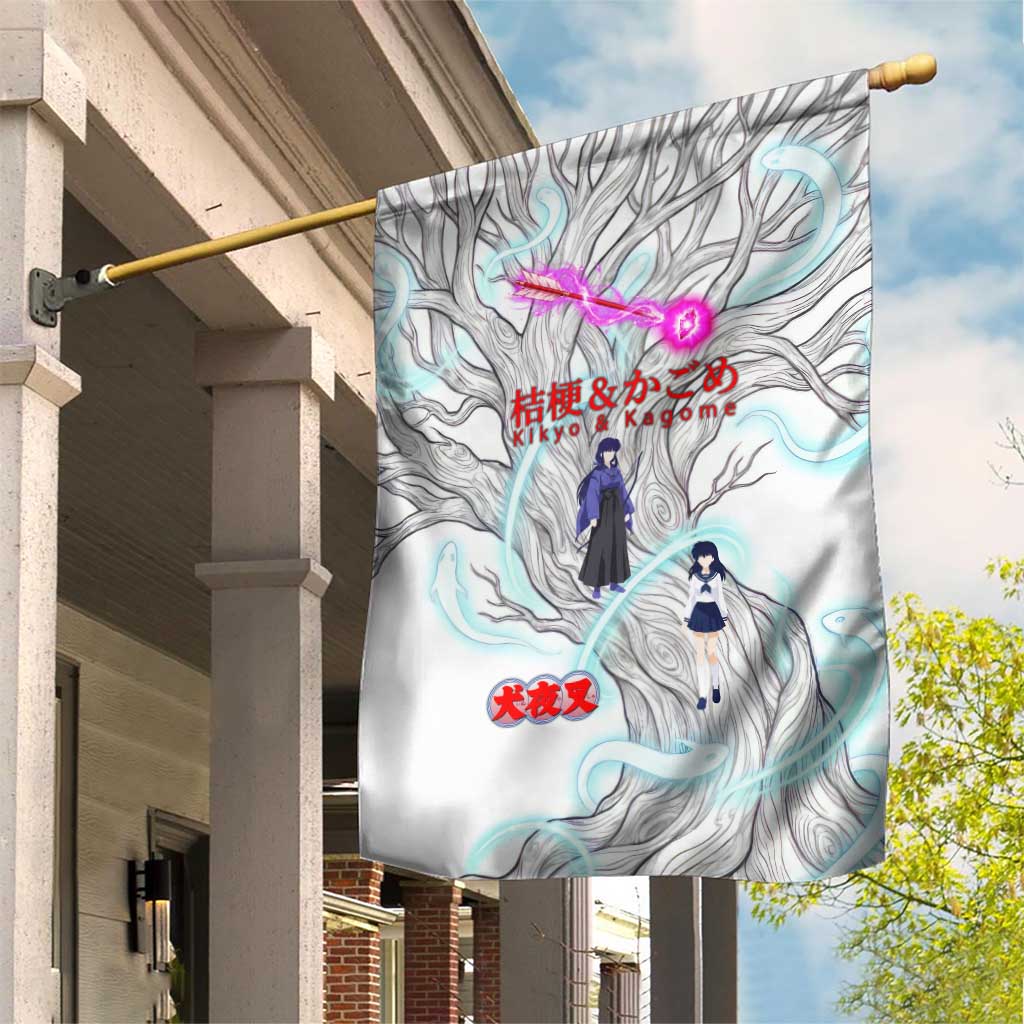 Kikyo and Kagome Inuyasha Series Garden Flag Spiritual Anime Art Style with Sacred Tree and Torii Gate