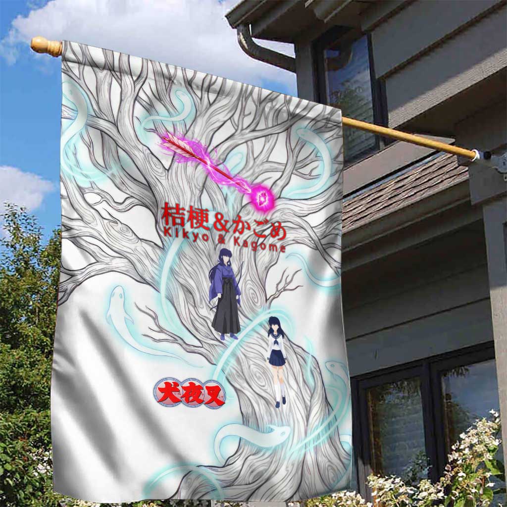 Kikyo and Kagome Inuyasha Series Garden Flag Spiritual Anime Art Style with Sacred Tree and Torii Gate