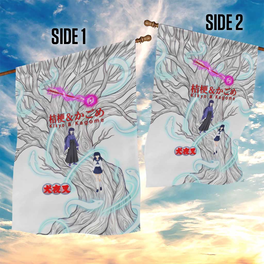 Kikyo and Kagome Inuyasha Series Garden Flag Spiritual Anime Art Style with Sacred Tree and Torii Gate