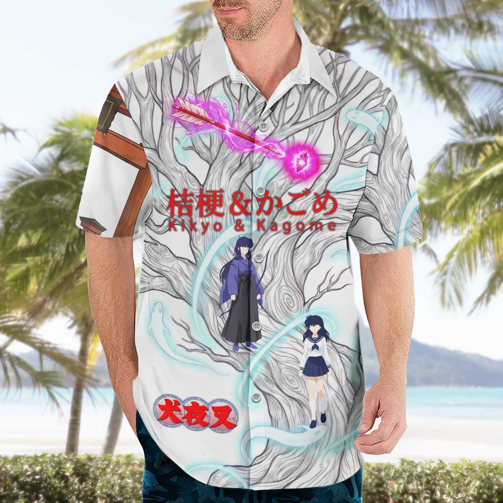 Kikyo and Kagome Inuyasha Series Hawaiian Shirt Spiritual Anime Art Style with Sacred Tree and Torii Gate