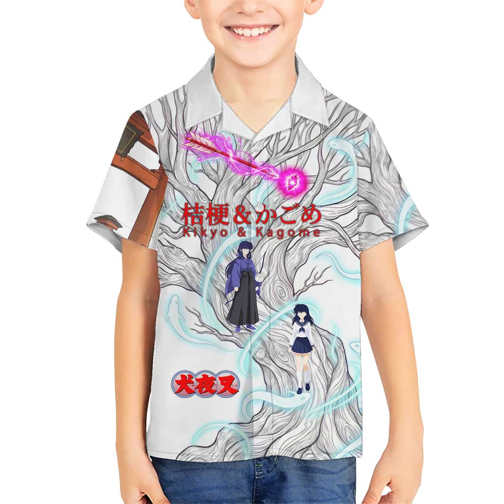 Kikyo and Kagome Inuyasha Series Hawaiian Shirt Spiritual Anime Art Style with Sacred Tree and Torii Gate